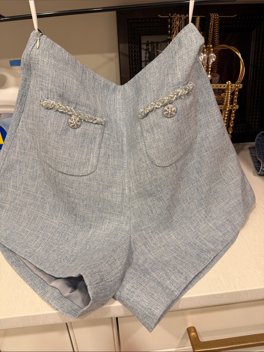 High-Waist Light Blue Tweed Shorts with Decorative Buttons